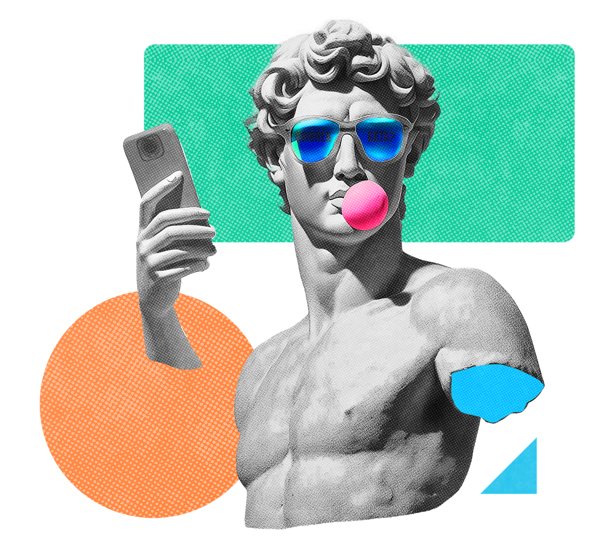Busto del David en semitono blanco y negro, con lentes que reflejan la palabra Quieren Data?, un celular en la mano y un chicle rosa.