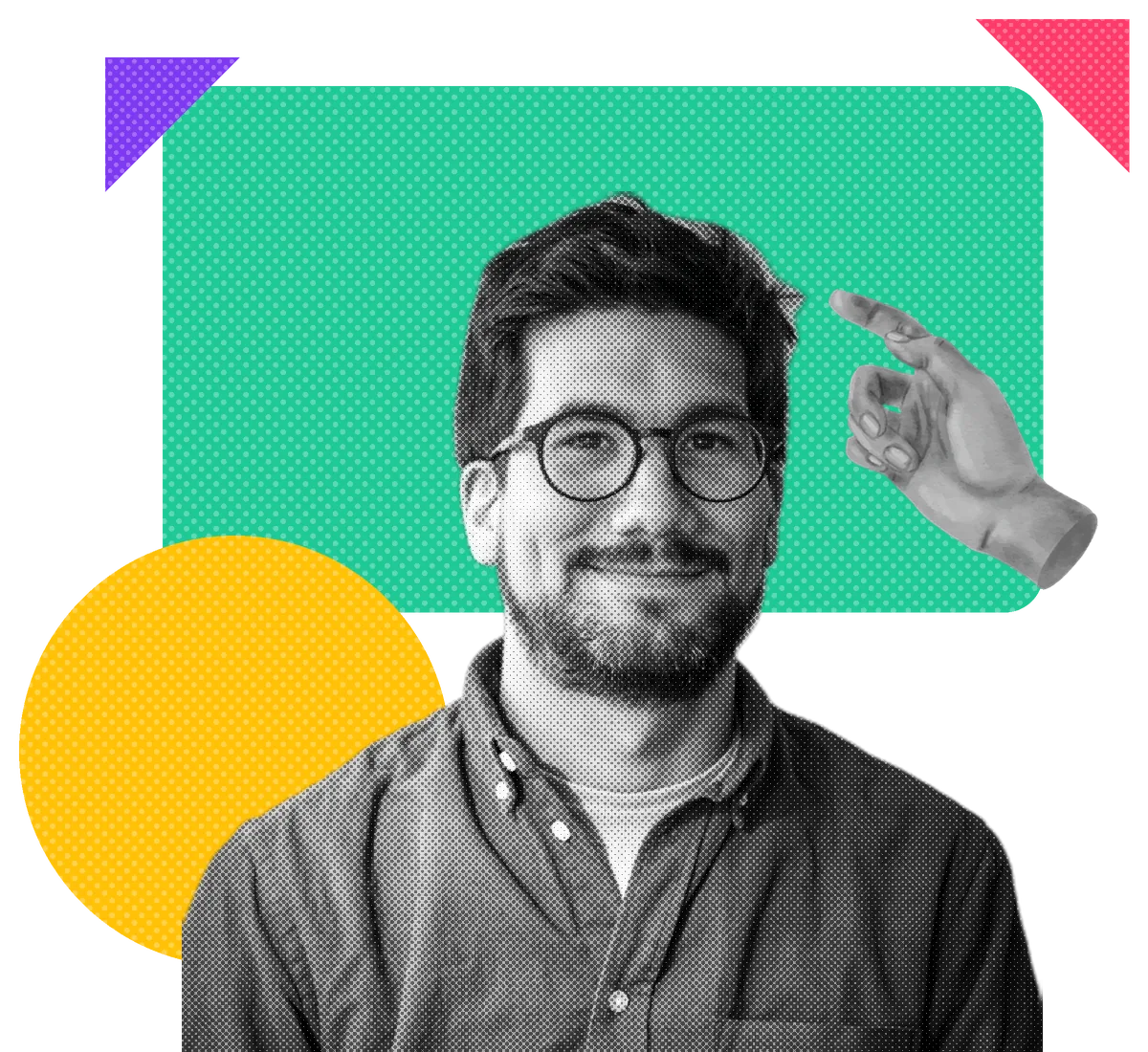 Julián Rudy en blanco y negro con semitono, sonriendo, con anteojos redondos y camisa, delante de un rectángulo verde y un círculo amarillo. Una mano de estatua lo señala desde un costado.